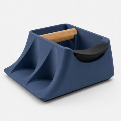 The Hub 3-in-1 Espresso Knock Box & Tamping Station in matte dark blue