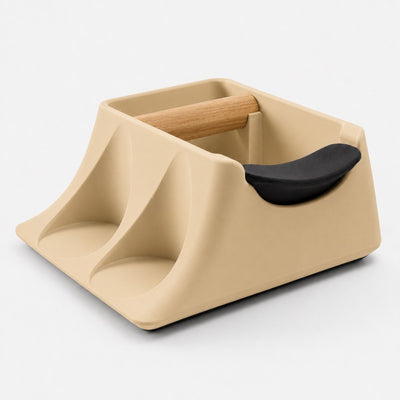 The Hub 3-in-1 Espresso Knock Box & Tamping Station in matte desert tan