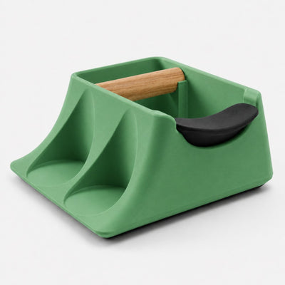 The Hub 3-in-1 Espresso Knock Box & Tamping Station in matte grass green