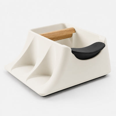 The Hub 3-in-1 Espresso Knock Box & Tamping Station in matte ivory white