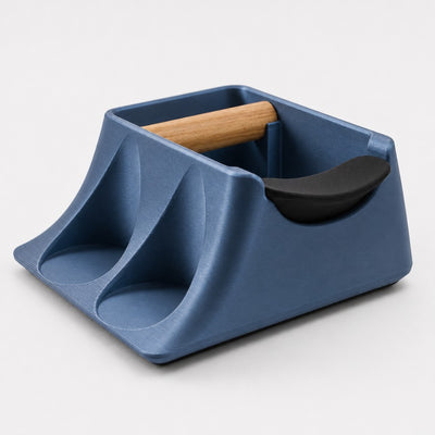 The Hub 3-in-1 Espresso Knock Box & Tamping Station in metallic blue