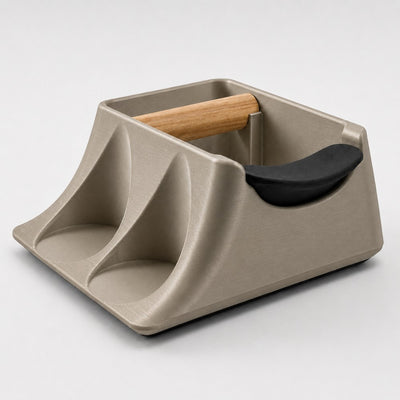 The Hub 3-in-1 Espresso Knock Box & Tamping Station in metallic gold