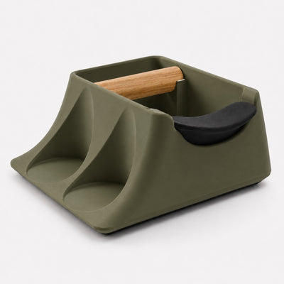The Hub 3-in-1 Espresso Knock Box & Tamping Station in matte olive green