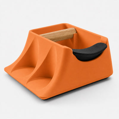 The Hub 3-in-1 Espresso Knock Box & Tamping Station in matte orange