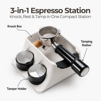 Product diagram of The Hub coffee workstation highlighting the built-in knock box, tamping slot, and tool holder.