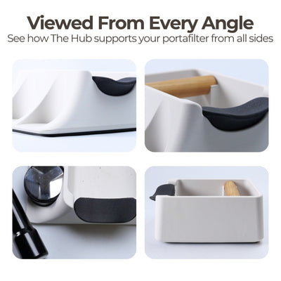 Product display of 'The Hub' supporting a portafilter from multiple angles on a white background.