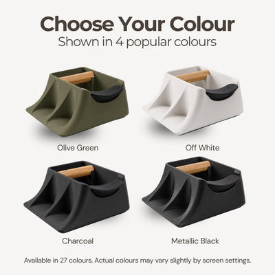 Four color options of the hub espresso knock box with wooden knock bar on a white background.
