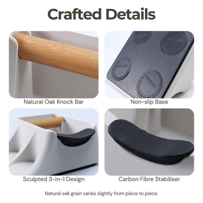 Product features including a natural oak knock bar, non-slip base, sculpted 3-in-1 design, and carbon fiber stabilizer.