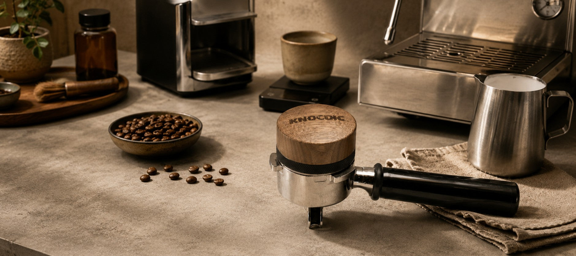 KNOCDIC wooden espresso tamper on a portafilter beside coffee beans, milk jug and home espresso machine