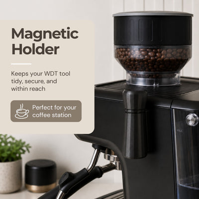 Infographic showcasing the high-strength magnetic mount feature attaching the coffee tool holder to an espresso machine body.