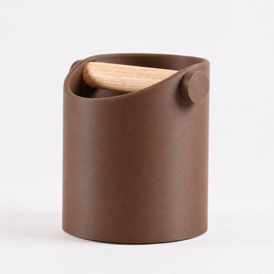Minimalist Espresso Knock Box with real oak wood bar in Matte Brown