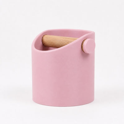 Minimalist Espresso Knock Box with real oak wood bar in Matte Pink