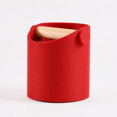 Minimalist Espresso Knock Box with real oak wood bar in Matte Red