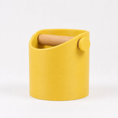 Minimalist Espresso Knock Box with real oak wood bar in Matte Yellow