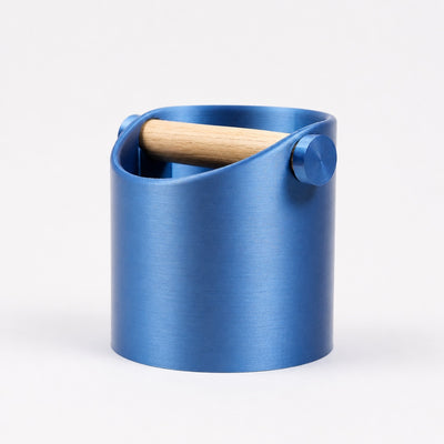 Minimalist Espresso Knock Box with real oak wood bar in Metallic Blue