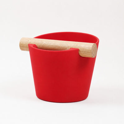 Nordic Espresso Knock Box Medium Size with real oak wood bar in matte red