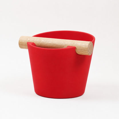 Nordic Espresso Knock Box Medium Size with real oak wood bar in matte red