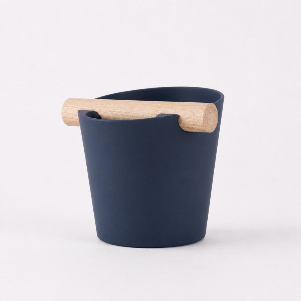 Nordic Espresso Knock Box Large Size with real oak wood bar in matte dark blue