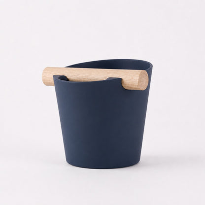 Nordic Espresso Knock Box Large Size with real oak wood bar in matte dark blue