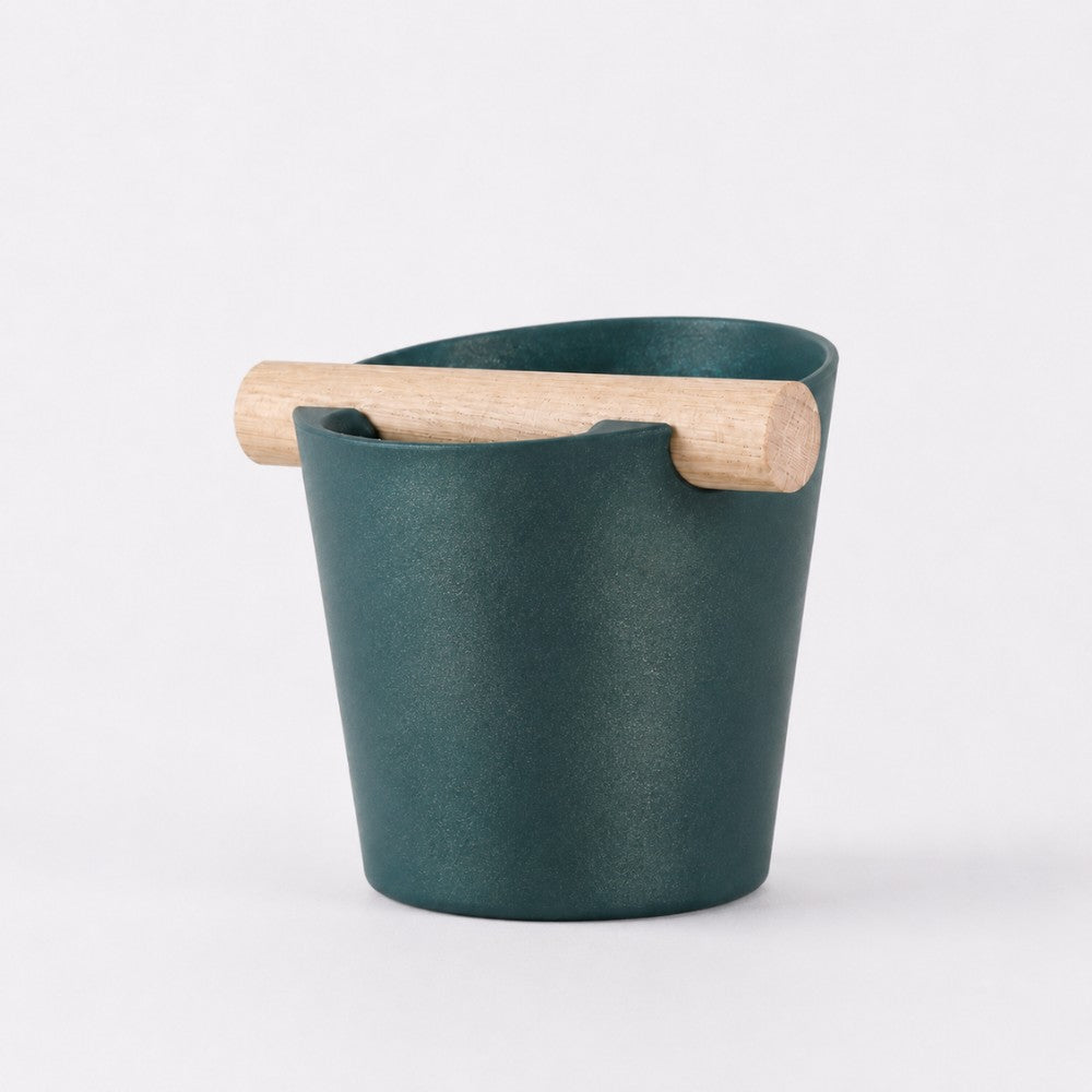 Nordic Espresso Knock Box Large Size with real oak wood bar in galaxy green