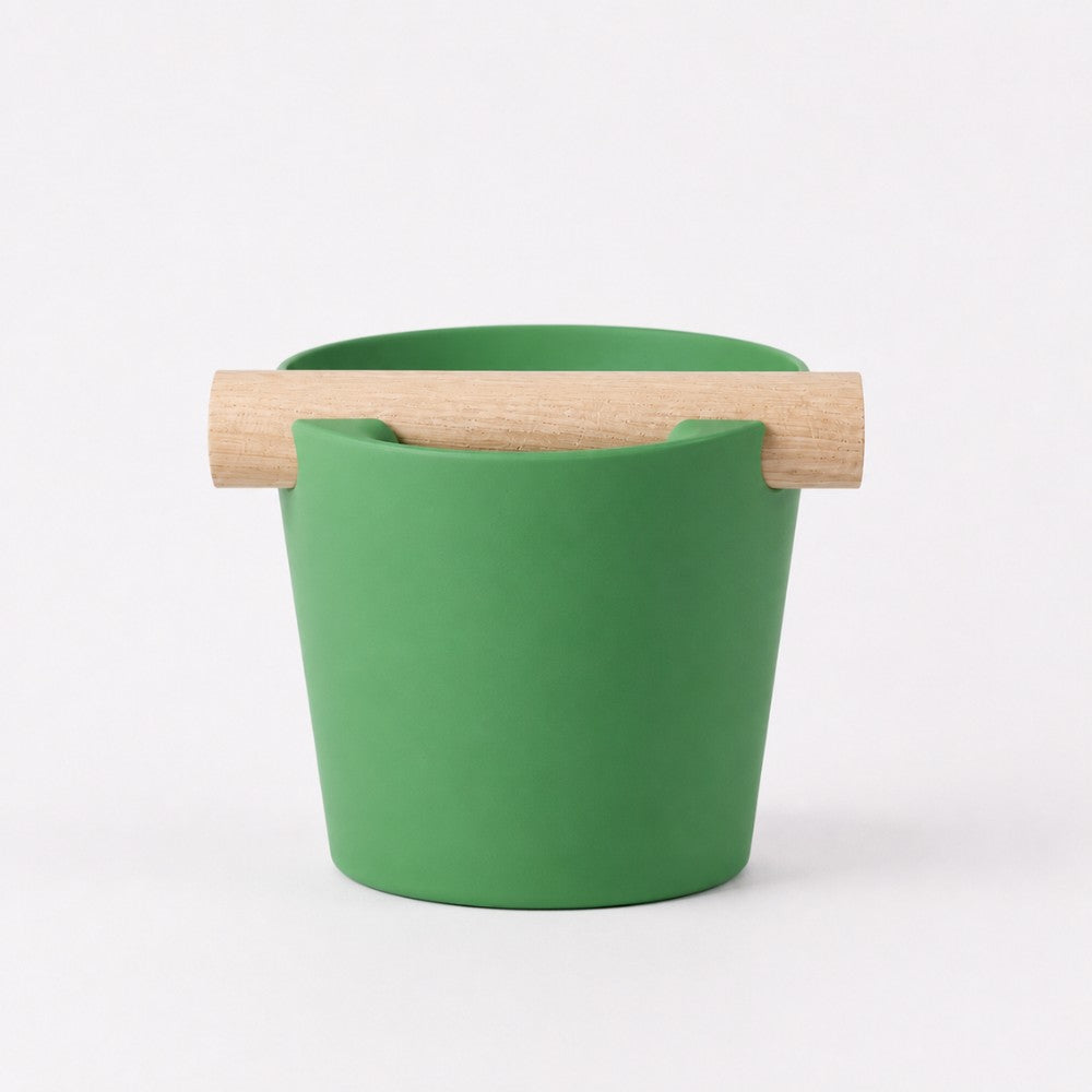 Nordic Espresso Knock Box Large Size with real oak wood bar in matte grass green