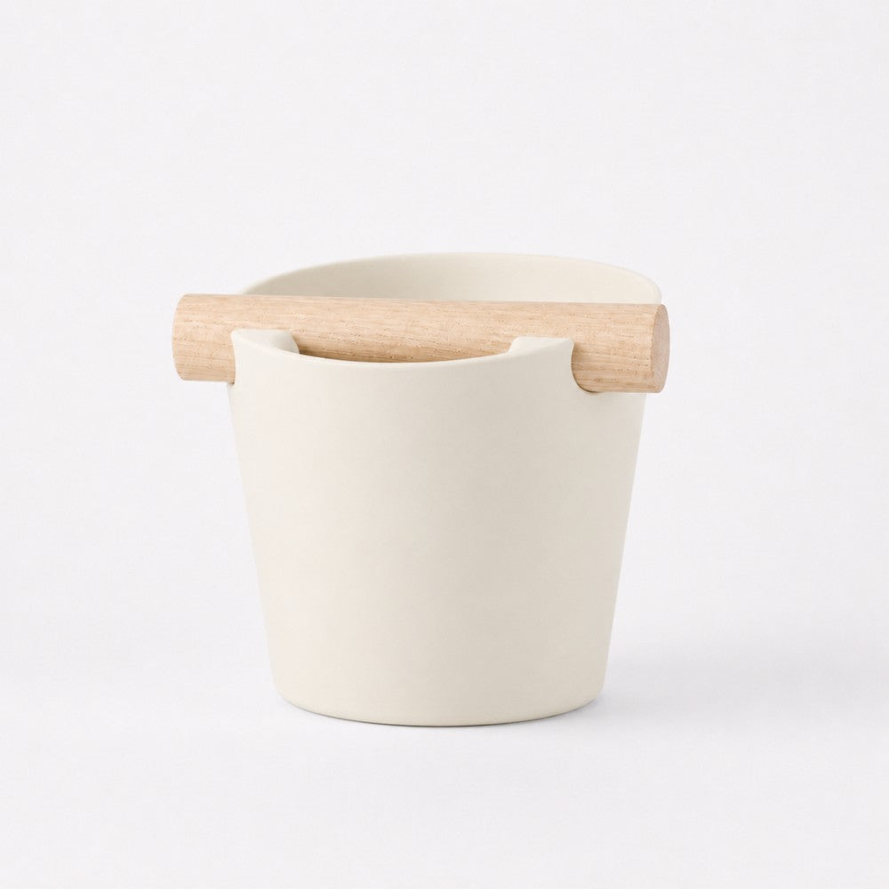 Nordic Espresso Knock Box Large Size with real oak wood bar in matte ivory white