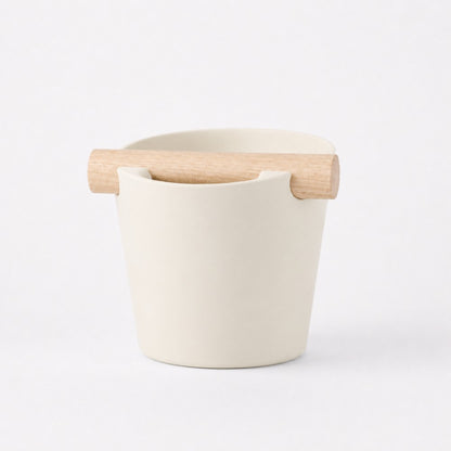 Nordic Espresso Knock Box Large Size with real oak wood bar in matte ivory white