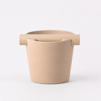Nordic Espresso Knock Box Large Size with real oak wood bar in matte latte brown