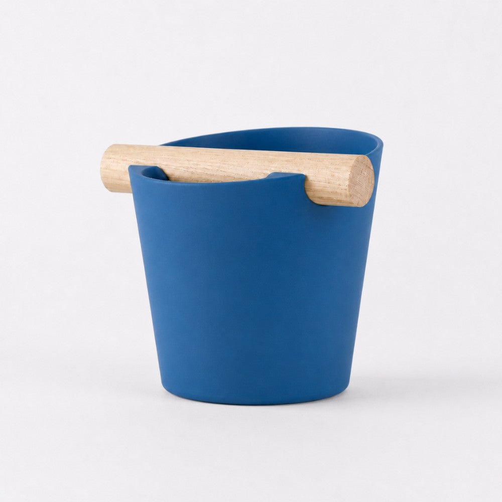 Nordic Espresso Knock Box Large Size with real oak wood bar in matte marine blue