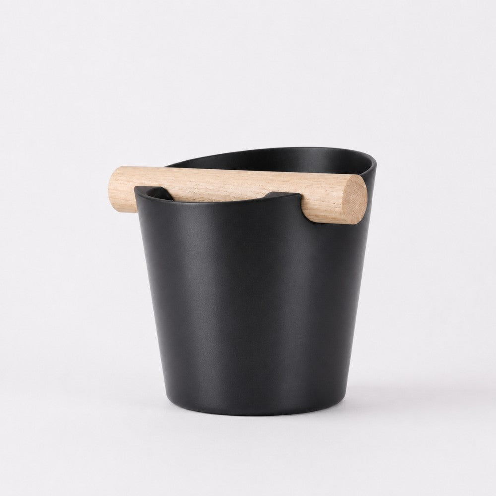 Nordic Espresso Knock Box Large Size with real oak wood bar in metallic black
