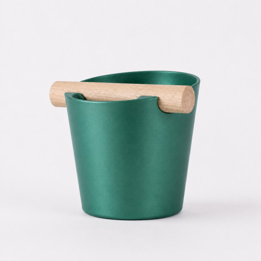 Nordic Espresso Knock Box Large Size with real oak wood bar in metallic green