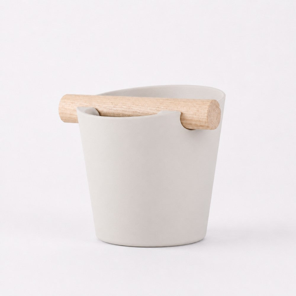 Nordic Espresso Knock Box Large Size with real oak wood bar in matte off white