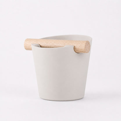 Nordic Espresso Knock Box Large Size with real oak wood bar in matte off white