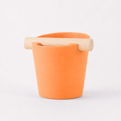 Nordic Espresso Knock Box Large Size with real oak wood bar in matte orange