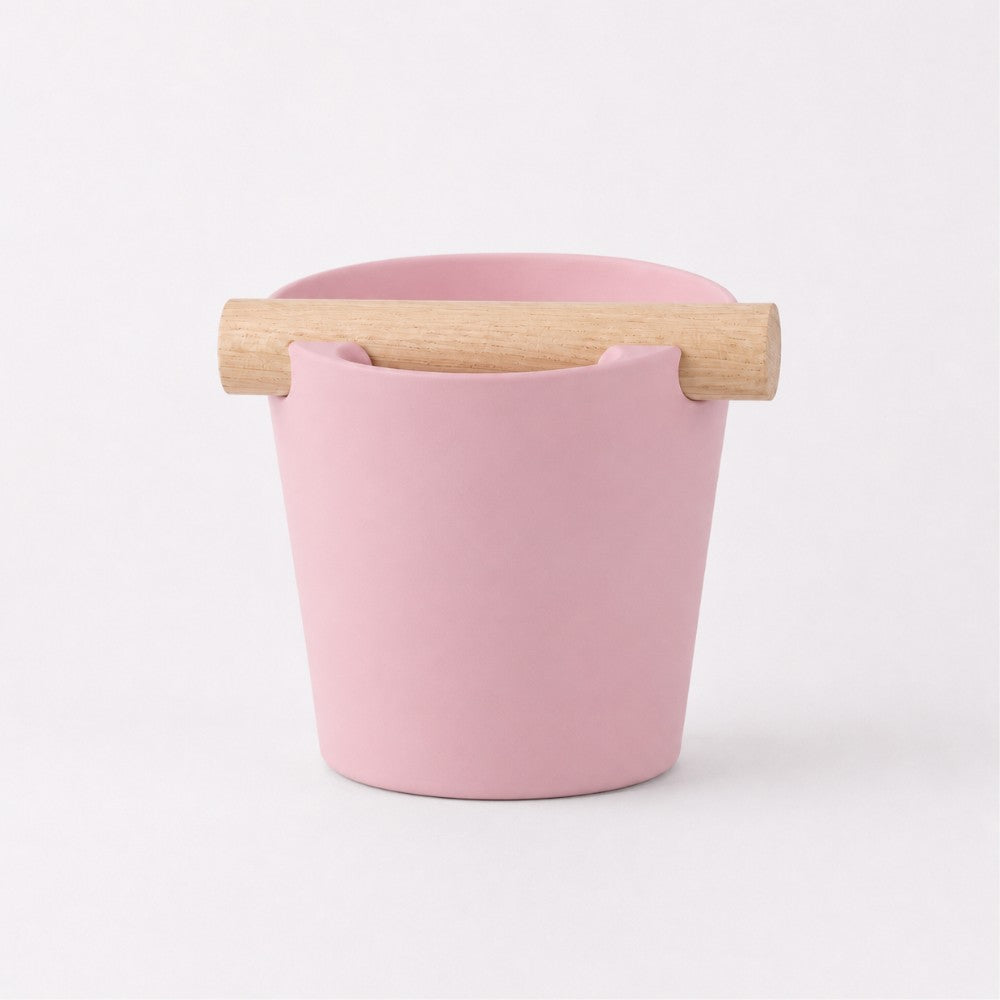 Nordic Espresso Knock Box Large Size with real oak wood bar in matte pink