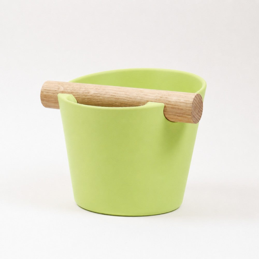 Nordic Espresso Knock Box Medium Size with real oak wood bar in matte apple green