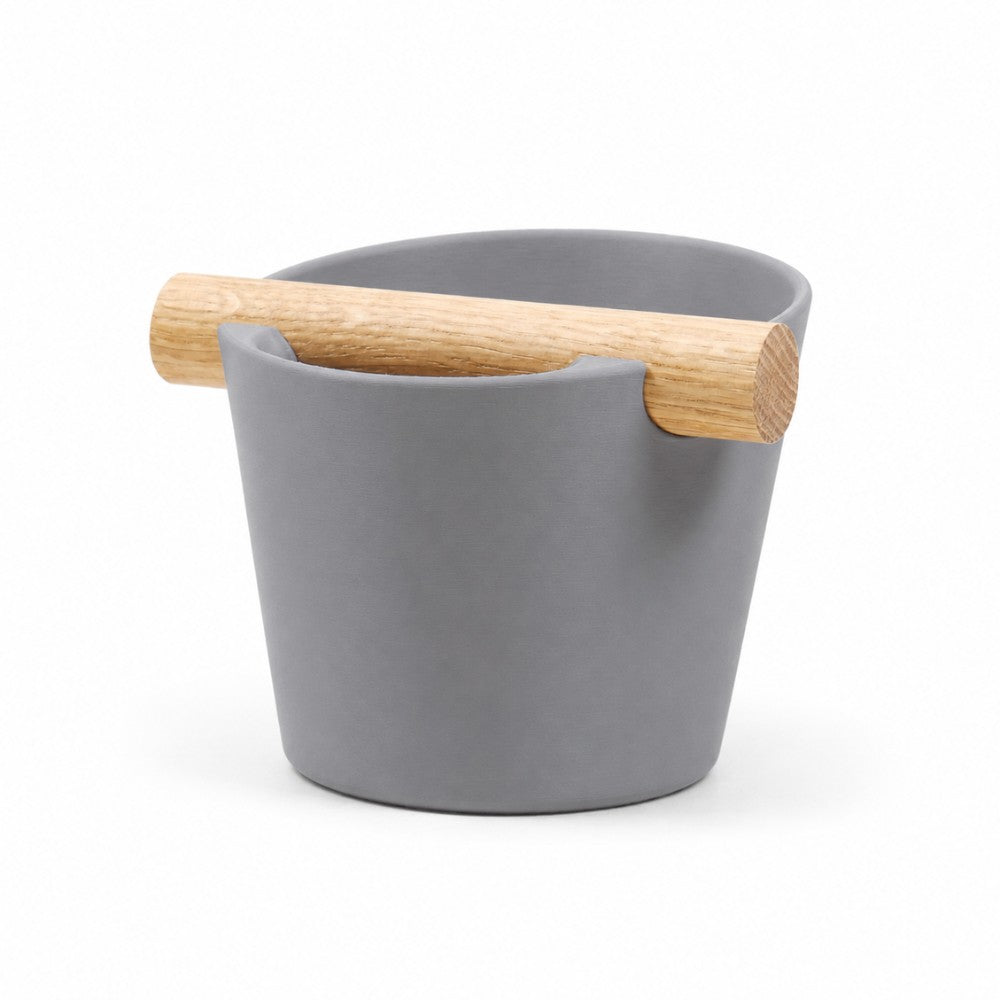 Nordic Espresso Knock Box Medium Size with real oak wood bar in matte ash grey