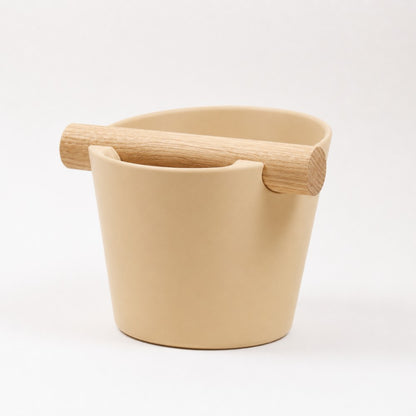 Nordic Espresso Knock Box Medium Size with real oak wood bar in matte desert tan