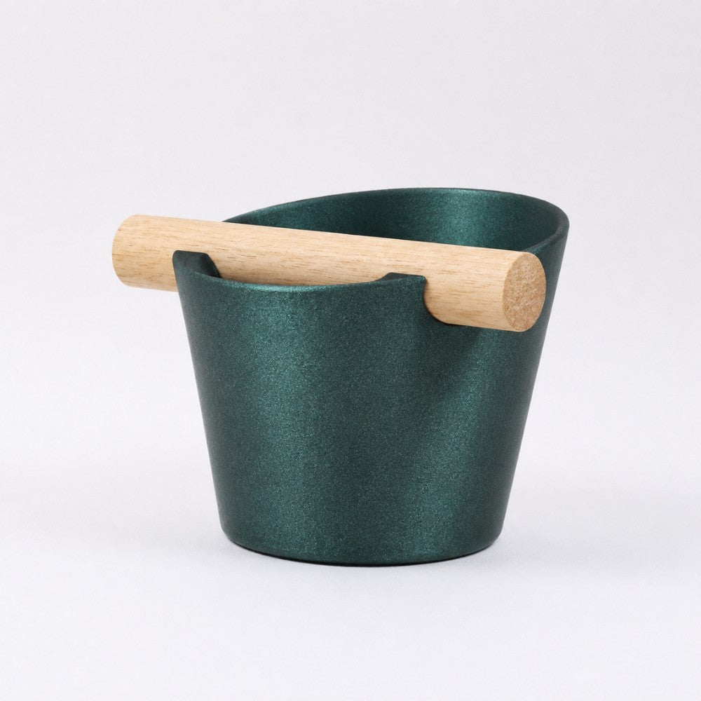 Nordic Espresso Knock Box Medium Size with real oak wood bar in galaxy green