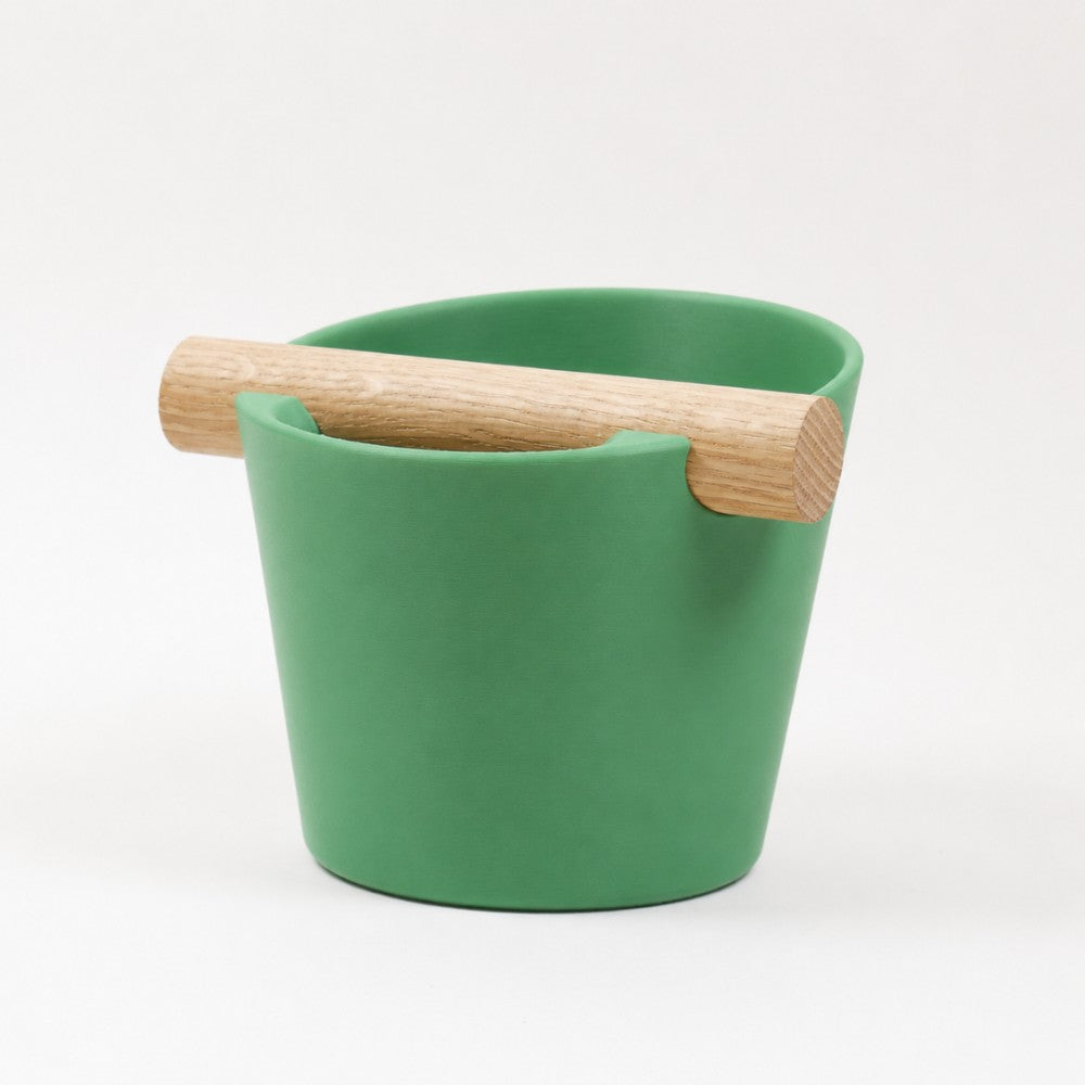 Nordic Espresso Knock Box Medium Size with real oak wood bar in matte grass green