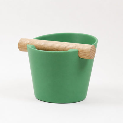 Nordic Espresso Knock Box Medium Size with real oak wood bar in matte grass green
