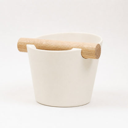 Nordic Espresso Knock Box Medium Size with real oak wood bar in matte ivory white