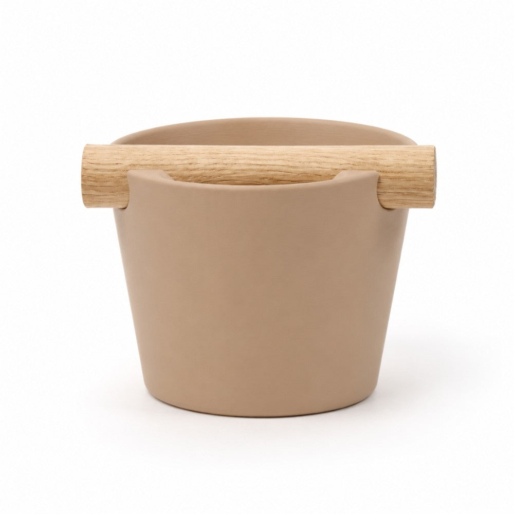 Nordic Espresso Knock Box Medium Size with real oak wood bar in matte latte brown