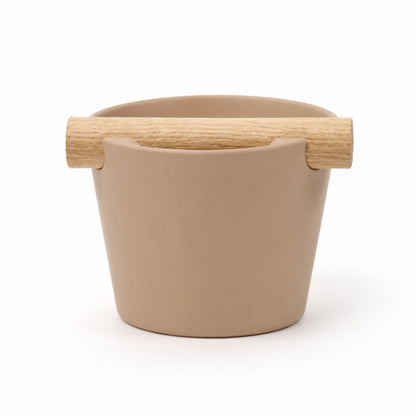 Nordic Espresso Knock Box Medium Size with real oak wood bar in matte latte brown