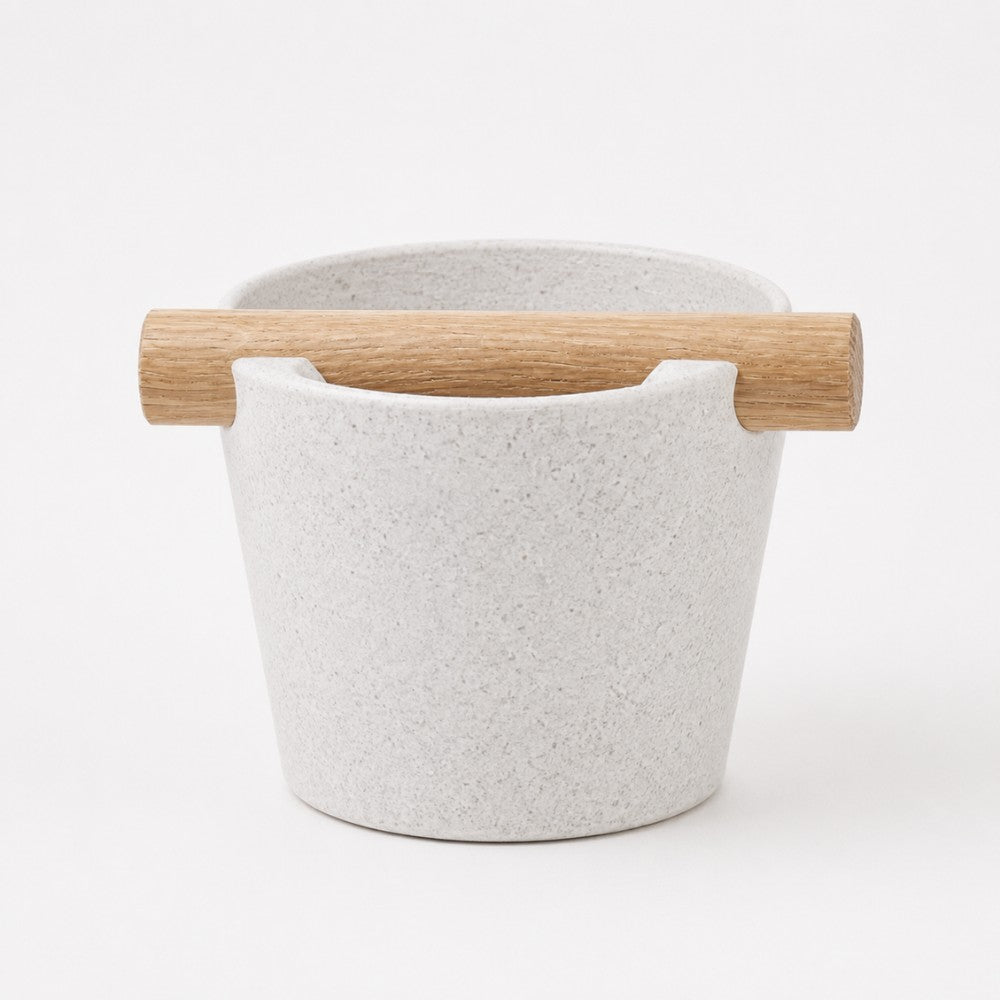 Nordic Espresso Knock Box Medium Size with real oak wood bar in marble white