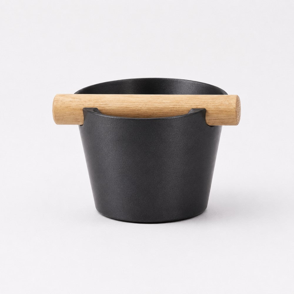 Nordic Espresso Knock Box Medium Size with real oak wood bar in metallic black