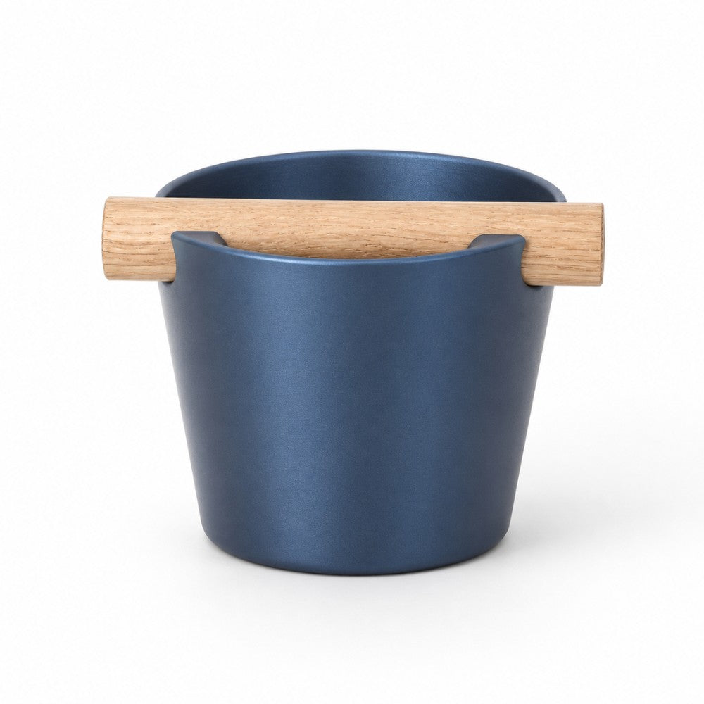 Nordic Espresso Knock Box Medium Size with real oak wood bar in metallic blue