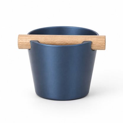 Nordic Espresso Knock Box Medium Size with real oak wood bar in metallic blue