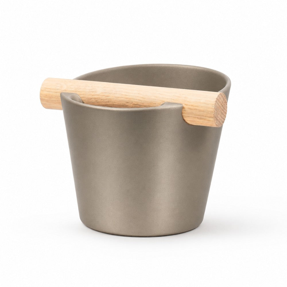 Nordic Espresso Knock Box Medium Size with real oak wood bar in metallic gold