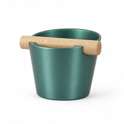 Nordic Espresso Knock Box Medium Size with real oak wood bar in metallic green